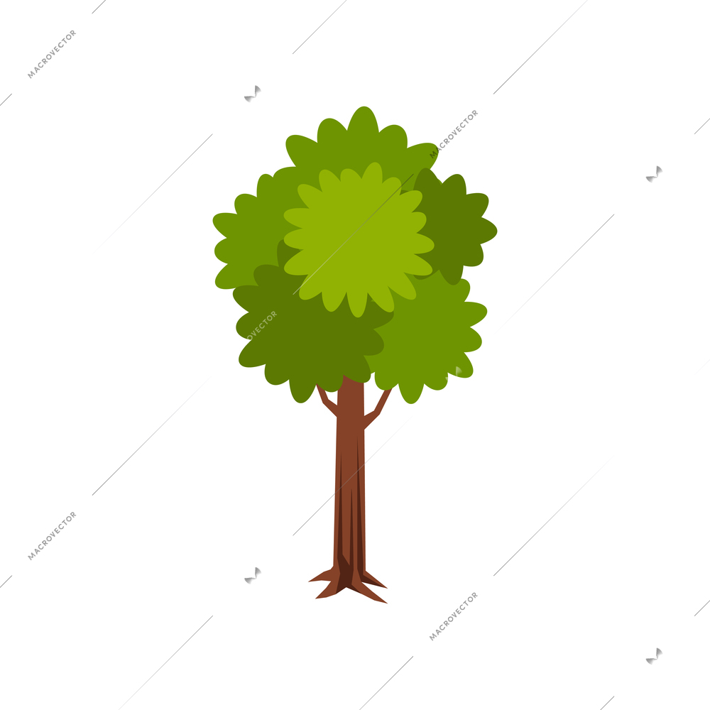 Isometric composition with image of green leaves on tree with wooden trunk vector illustration