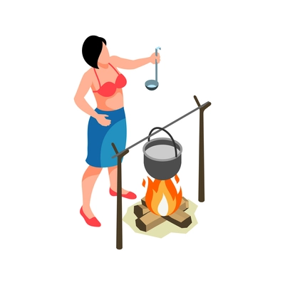 Isometric trip composition with female character at campfire cooking food vector illustration