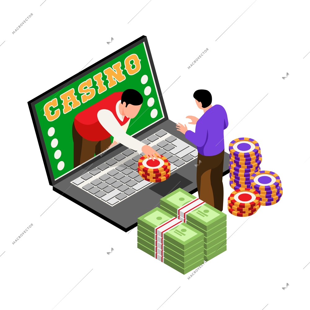 Isometric online casino composition with image of laptop screen with dealer moving chips to player vector illustration