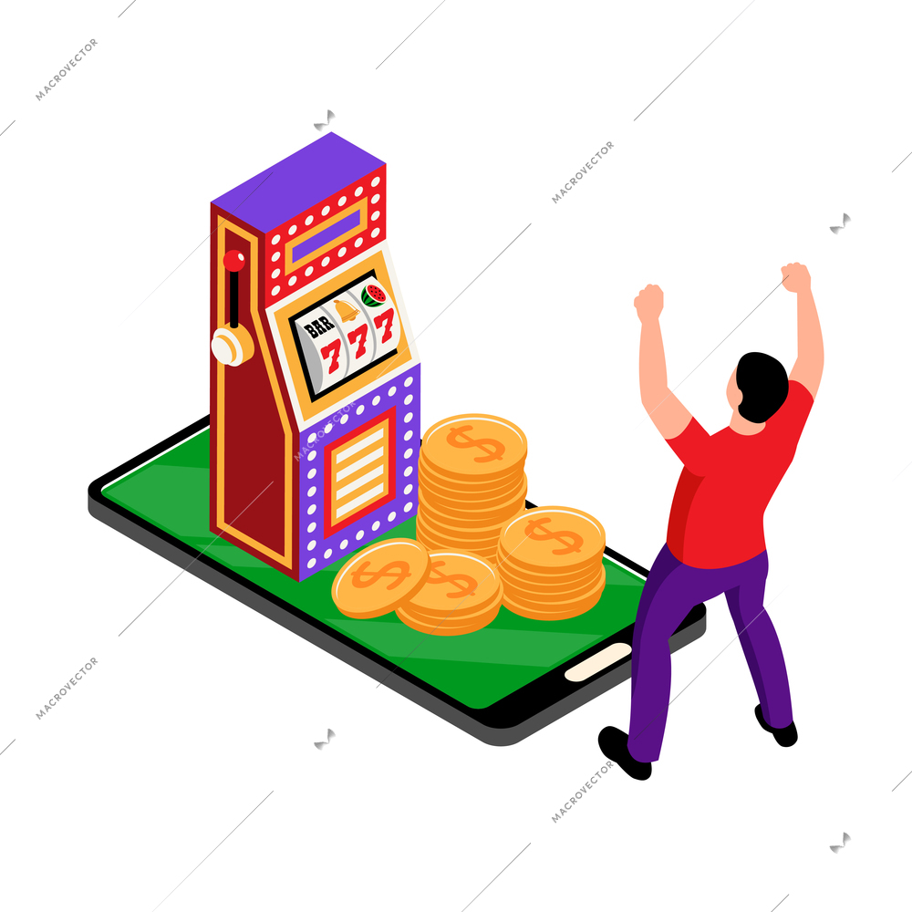 Isometric online casino composition with slot machine and stacks of coins on top of smartphone screen vector illustration