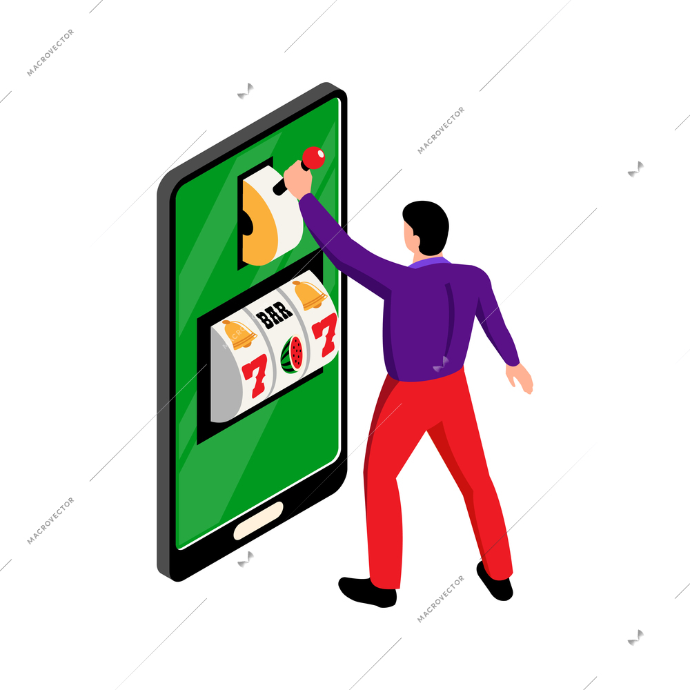 Isometric online casino composition with man jerking trigger of slot machine in smartphone screen vector illustration