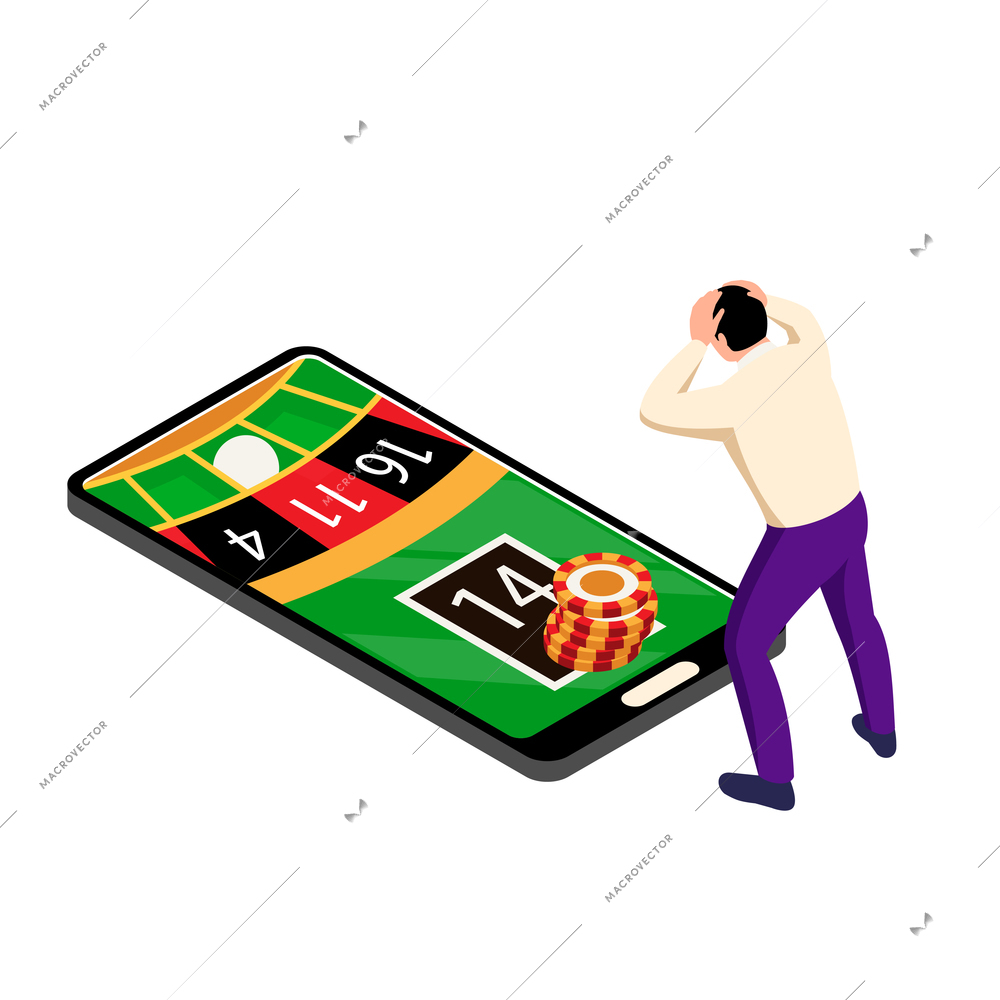 Isometric online casino composition with man holding head in front of smartphone gaming table vector illustration