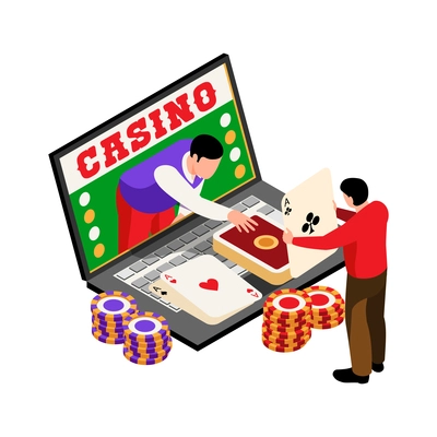 Isometric online casino composition with laptop and gaming chips with cards dealer and player vector illustration