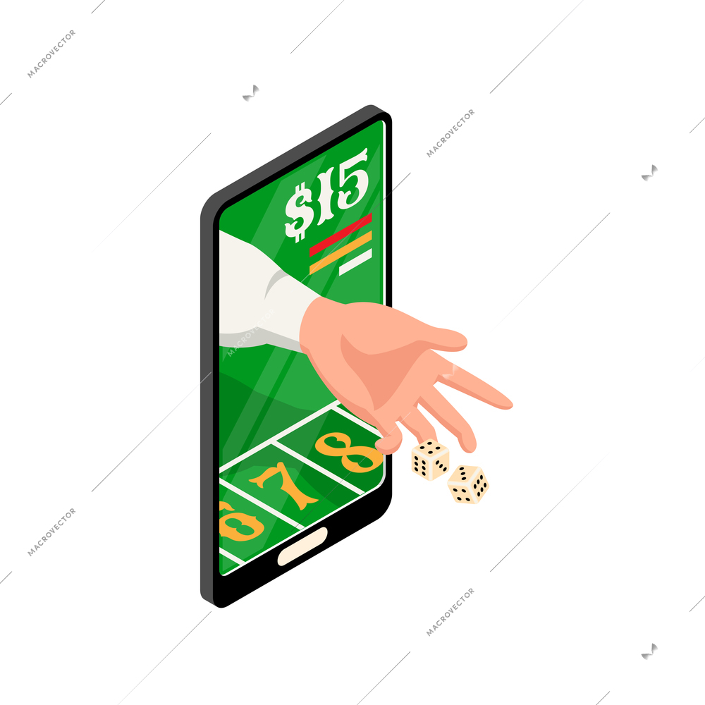 Isometric online casino composition with standing smartphone and dealers hand throwing dice vector illustration