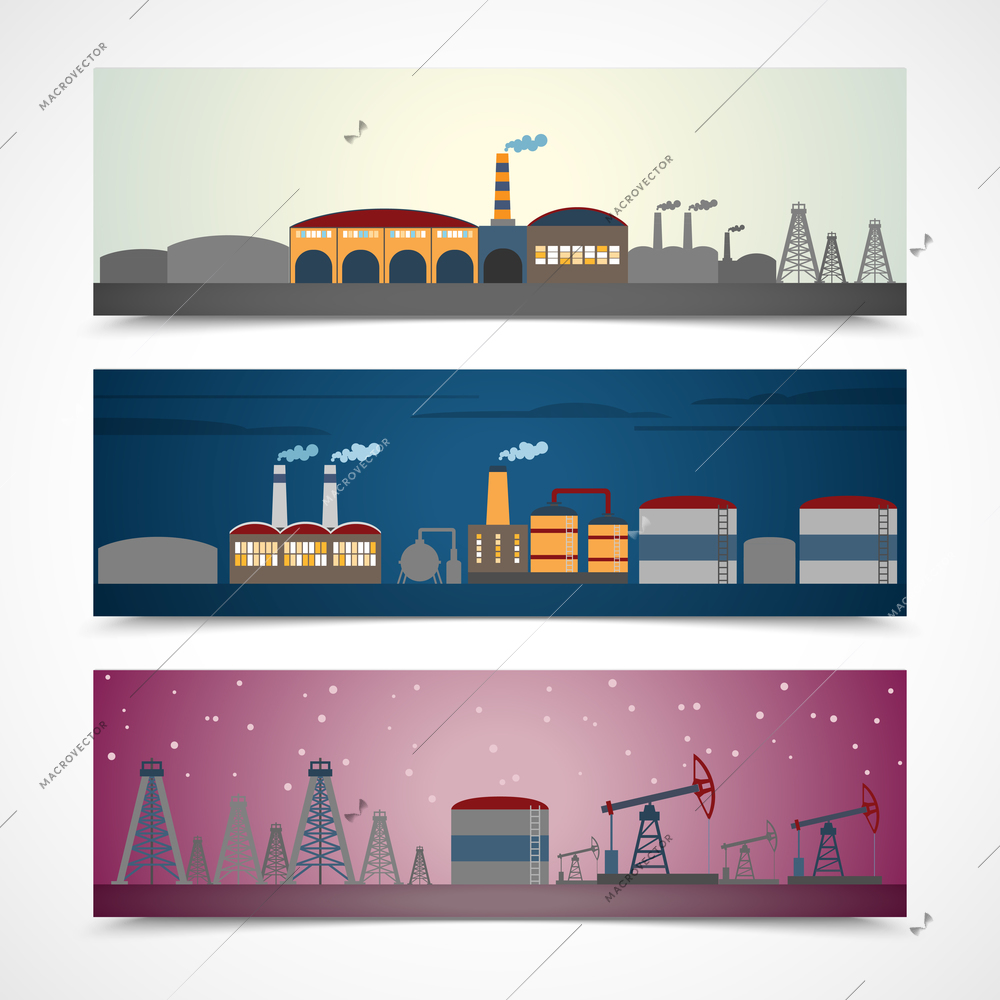 Industrial building modern city skyline horizontal banners set isolated vector illustration