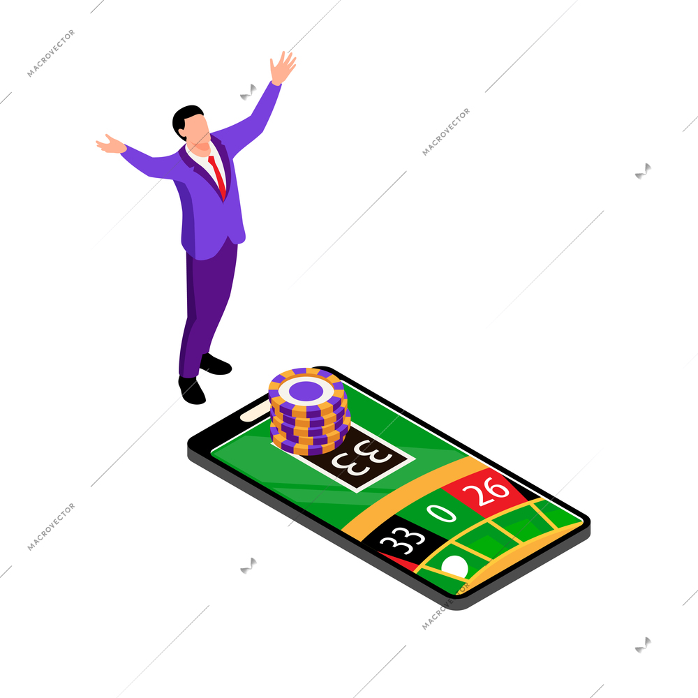 Isometric online casino composition with gaming table on top of smartphone screen vector illustration