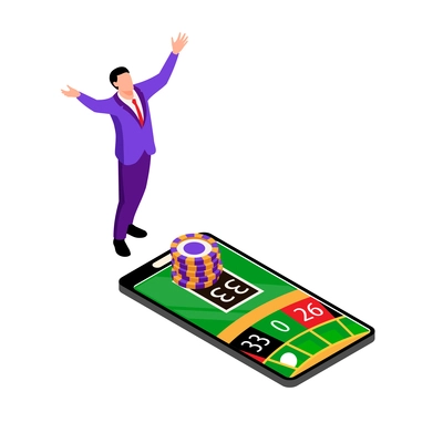 Isometric online casino composition with gaming table on top of smartphone screen vector illustration