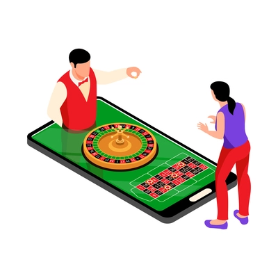 Isometric online casino composition with casino dealer and roulette on smartphone screen vector illustration