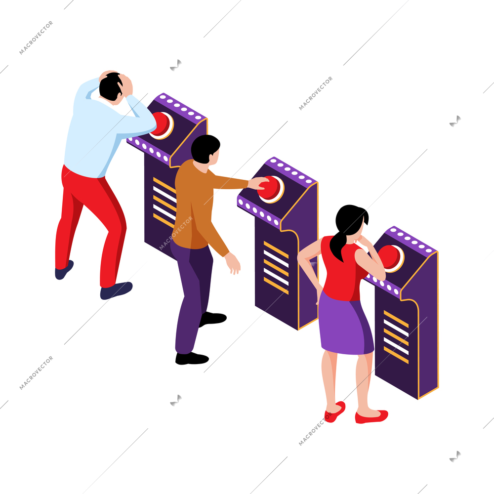 Isometric tv quiz composition with three participants at stands with red buttons vector illustration