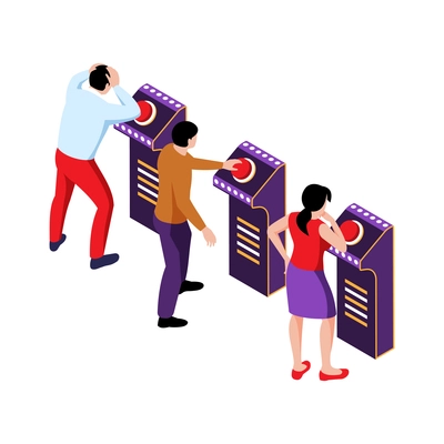 Isometric tv quiz composition with three participants at stands with red buttons vector illustration
