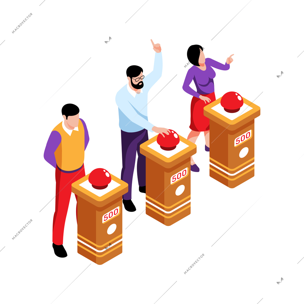 Isometric tv quiz composition with people at tables with answer red buttons vector illustration