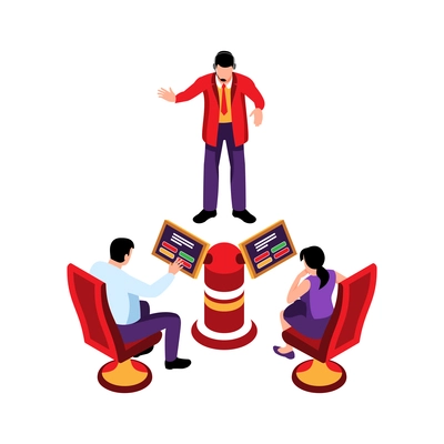 Isometric tv quiz composition with characters of host and sitting guests at screens vector illustration