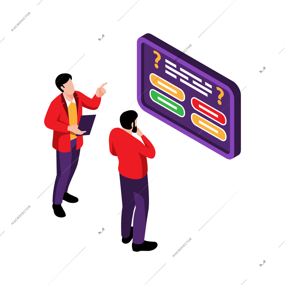 Isometric tv quiz composition with people staring at board with contest questions vector illustration