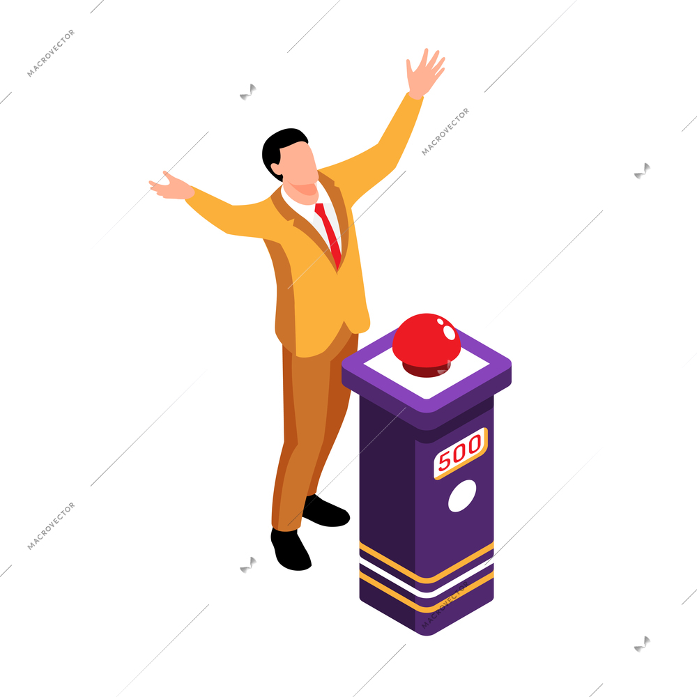 Isometric tv quiz composition with character of successful person at stand with red button vector illustration