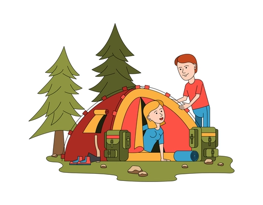 Travel vacation composition with loving couple setting tent with backpacks and trees vector illustration