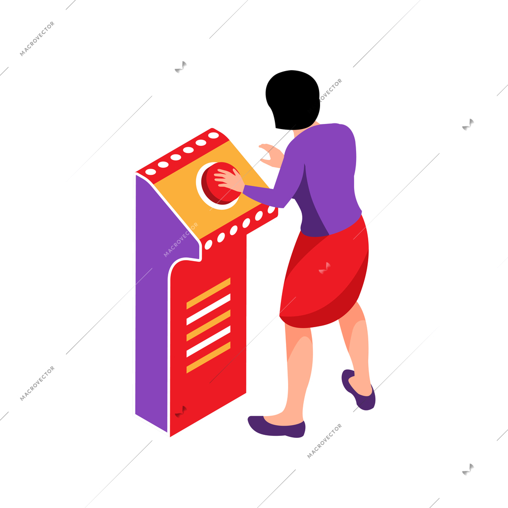 Isometric tv quiz composition with woman pushing red button on stand vector illustration