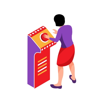 Isometric tv quiz composition with woman pushing red button on stand vector illustration