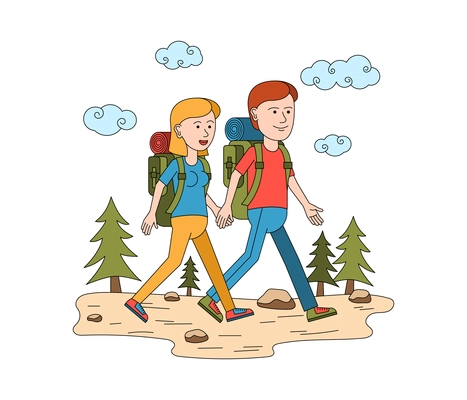 Travel vacation composition with characters of loving couple walking in the wild vector illustration