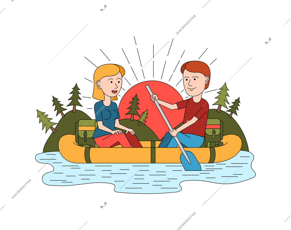 Travel vacation composition with loving couple floating on inflatable boat vector illustration