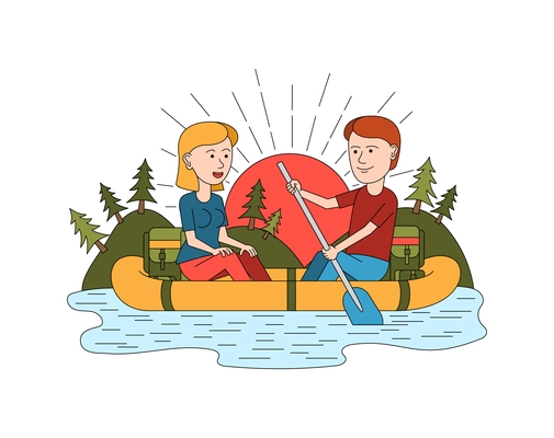 Travel vacation composition with loving couple floating on inflatable boat vector illustration