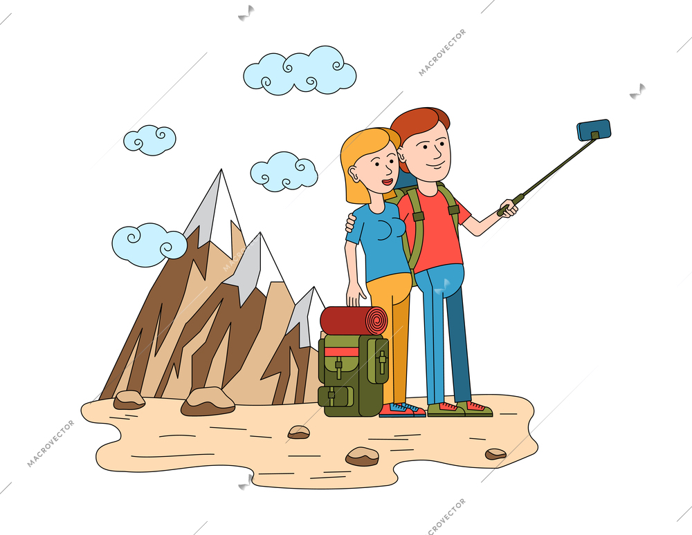 Travel vacation composition with loving couple making selfie with mountains vector illustration