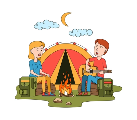 Travel vacation composition with view of camp tent and man singing songs to woman vector illustration