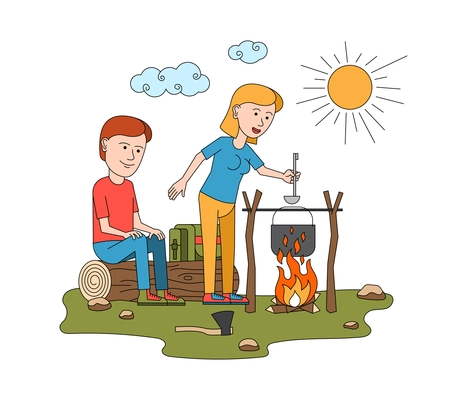 Travel vacation composition with cartoon characters of loving couple with campfire vector illustration