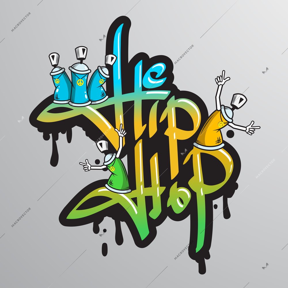 Graffiti spray can crazy characters hip hop musical culture drippy font text composition abstract grunge vector illustration