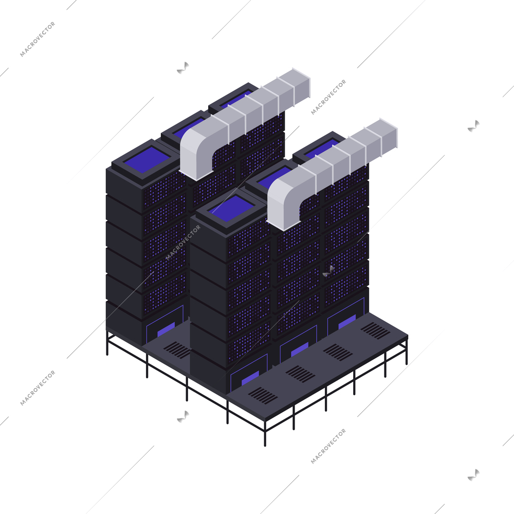 Data center isometric composition with modern chimney tubes for heat removal vector illustration