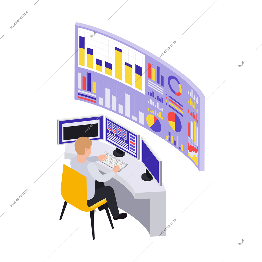 Data center isometric composition with view of workspace with computer screens and bar charts vector illustration