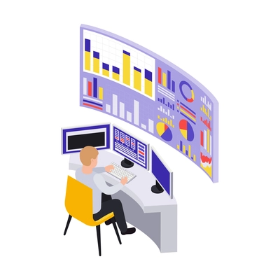 Data center isometric composition with view of workspace with computer screens and bar charts vector illustration