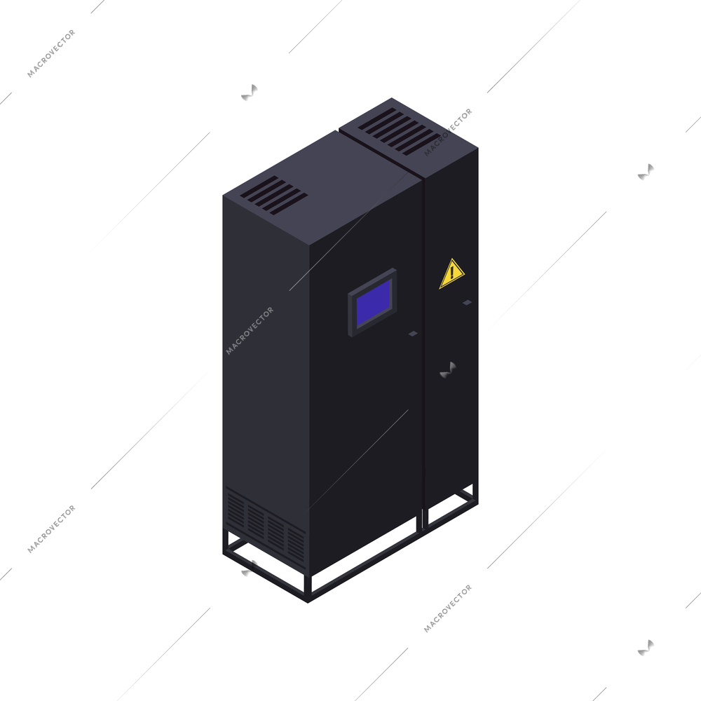 Data center isometric composition with dark rack with screens and high voltage sign vector illustration