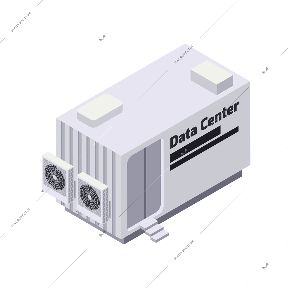 Data center isometric composition with view of box shaped unit with doors and air conditioners vector illustration