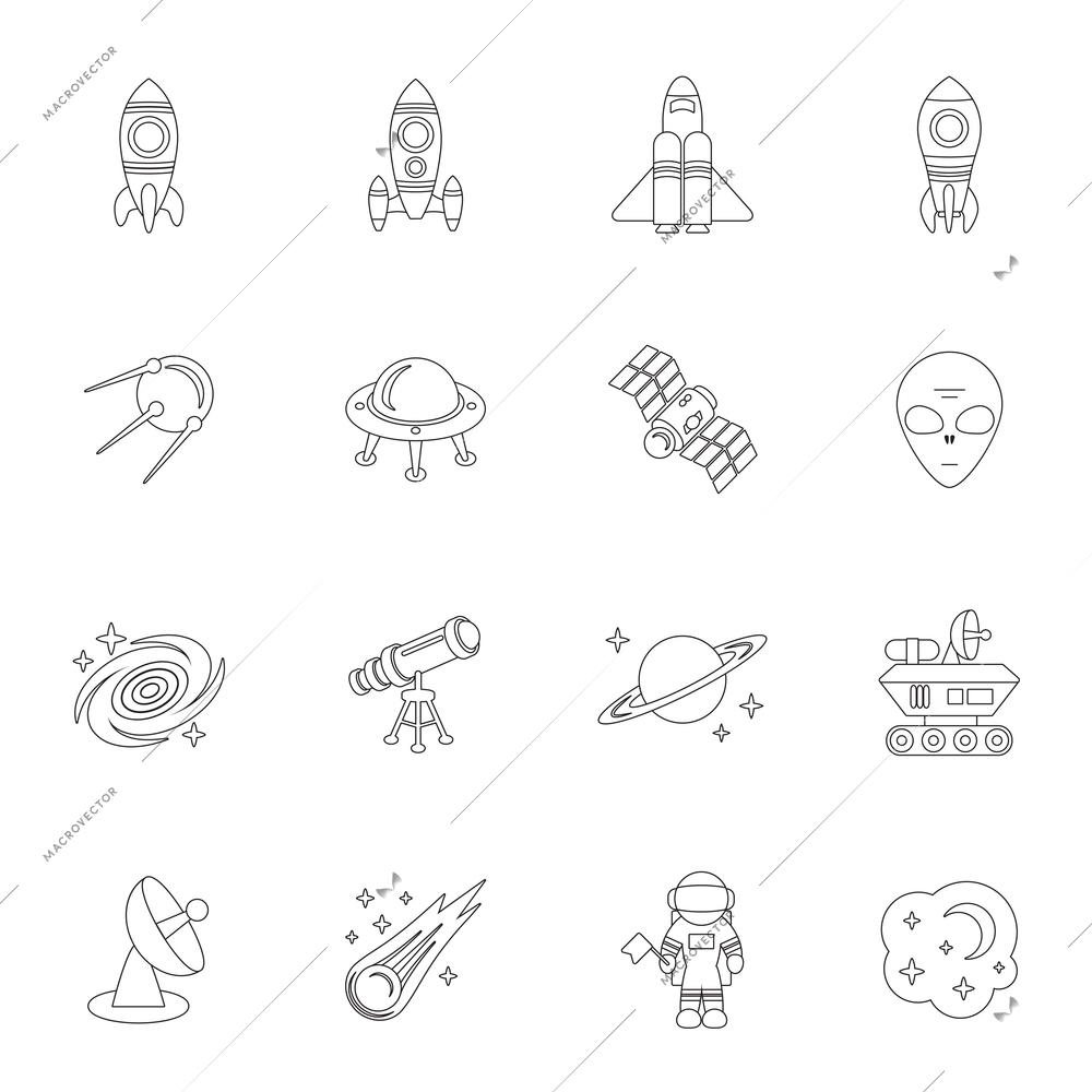 Space and astronomy outline icons with rocket satellite shuttle isolated vector illustration