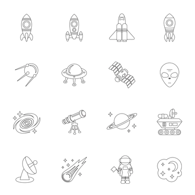 Space and astronomy outline icons with rocket satellite shuttle isolated vector illustration