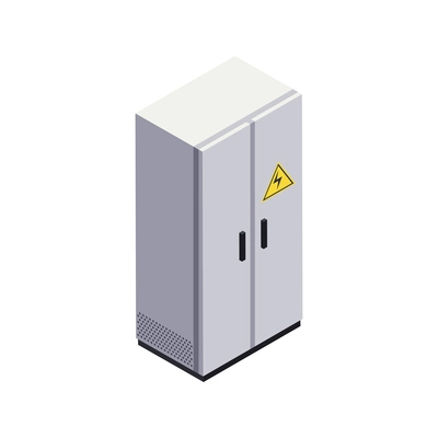 Data center isometric composition with closed cabinet rack and high voltage sign vector illustration