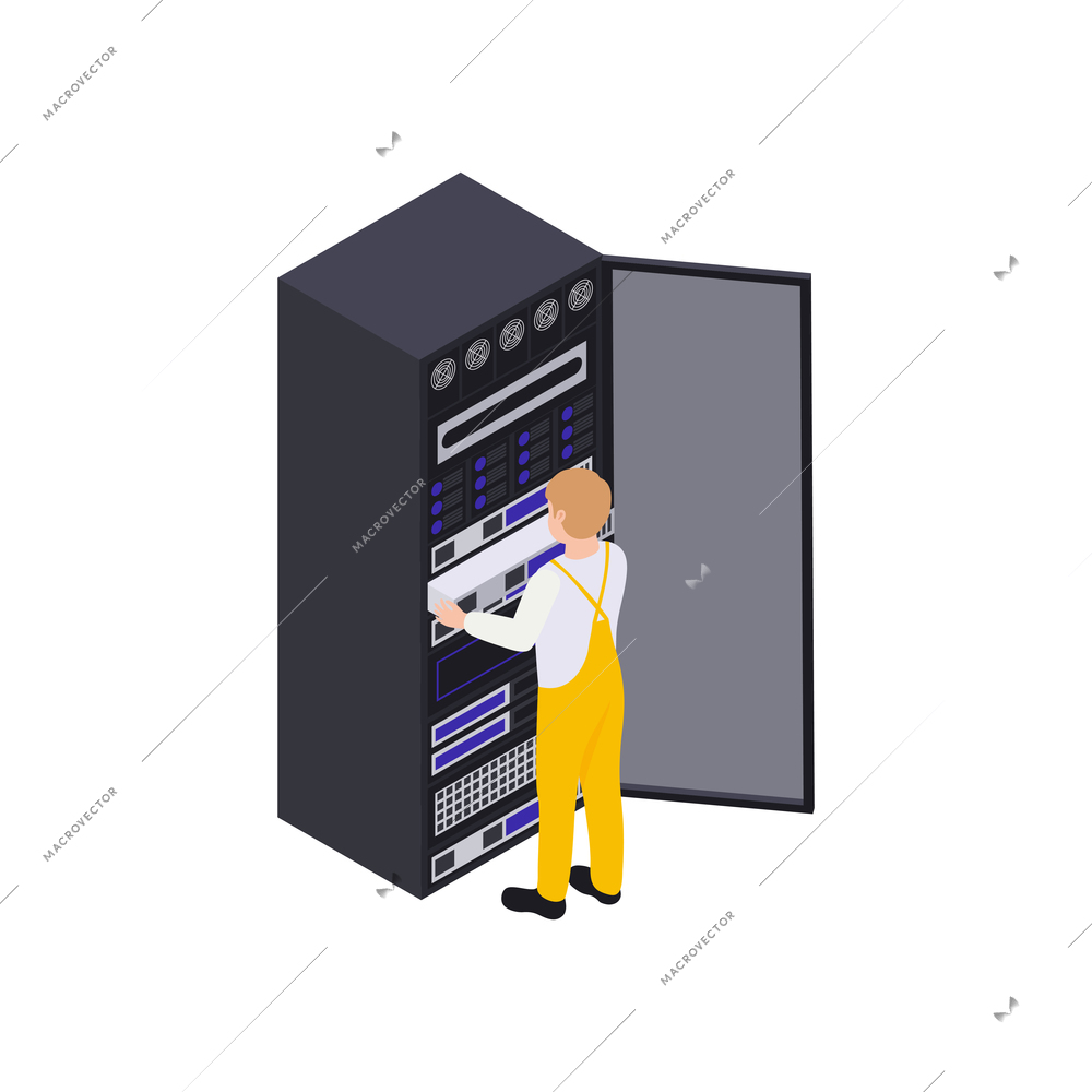 Data center isometric composition with worker into server rack on blank background vector illustration