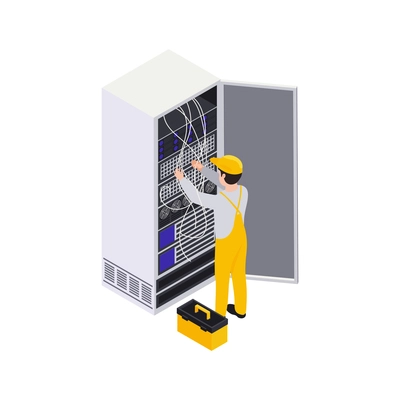 Data center isometric composition with technician holding wires inside server rack vector illustration