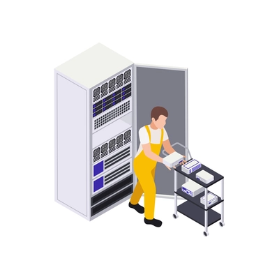 Data center isometric composition with server rack image and human character with cart vector illustration