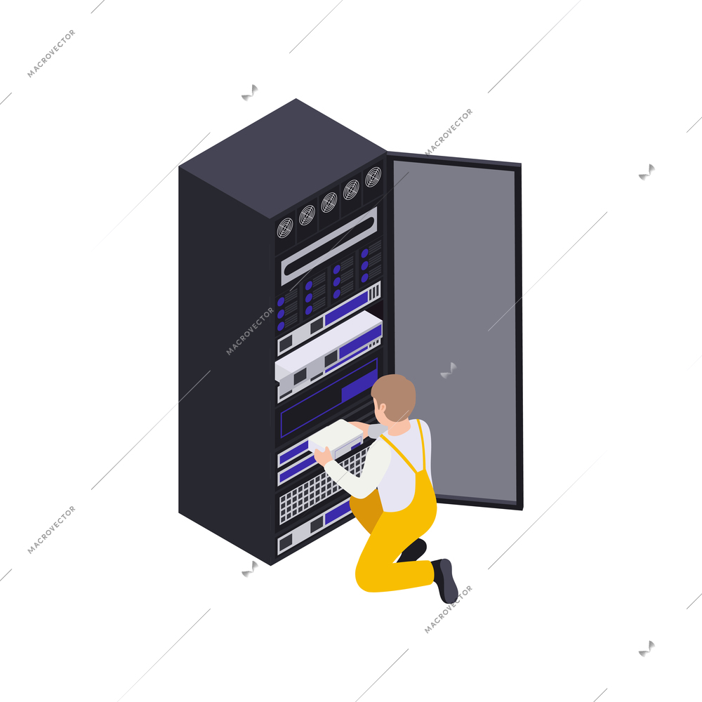 Data center isometric composition with human character and server rack with opened door vector illustration