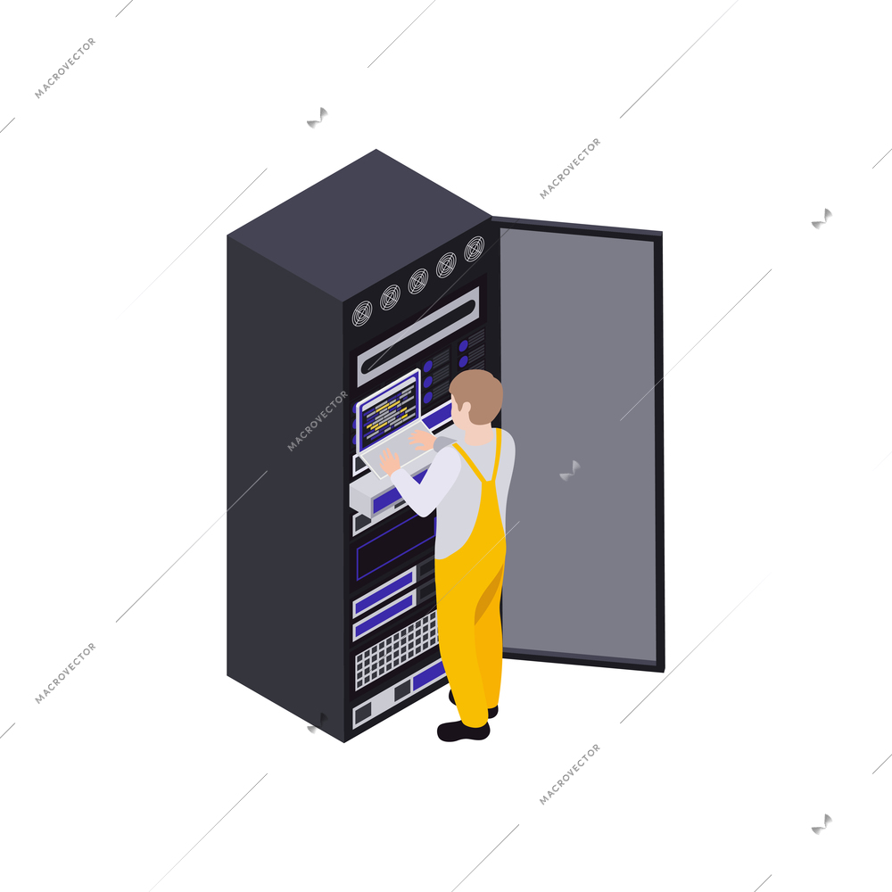 Data center isometric composition with character of technician interacting with server rack vector illustration