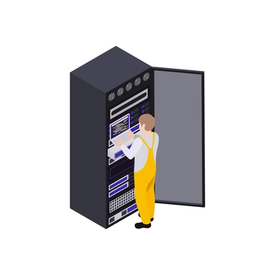 Data center isometric composition with character of technician interacting with server rack vector illustration