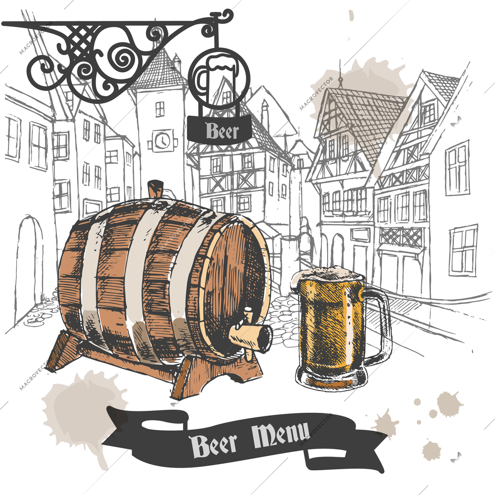 Beer bar retro style menu design advertising poster with oak barrel and full mug sketch vector illustration