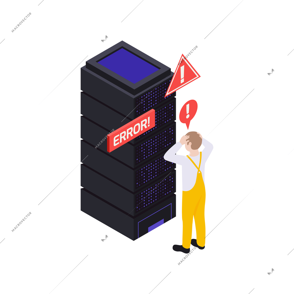 Data center isometric composition with human worker and server with error pictoreams vector illustration