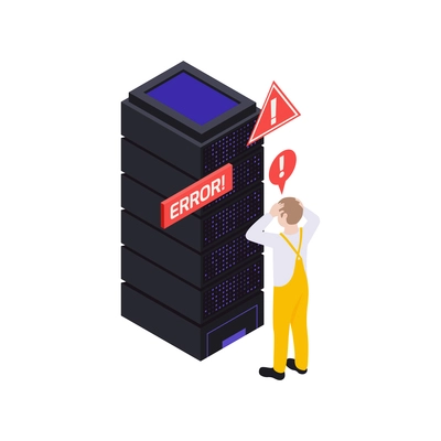 Data center isometric composition with human worker and server with error pictoreams vector illustration