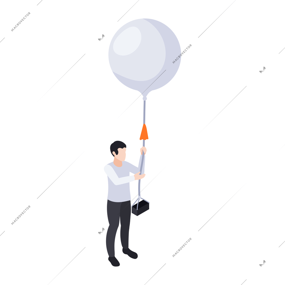 Meteorology weather forecast isometric composition with male character holding meteo balloon vector illustration