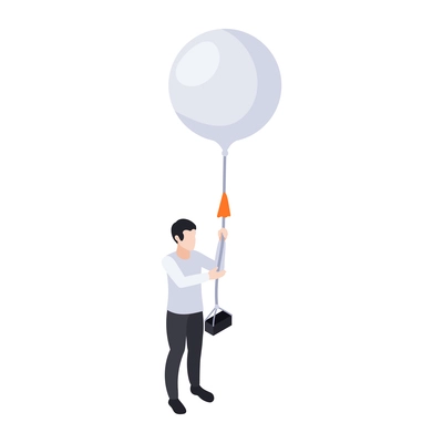 Meteorology weather forecast isometric composition with male character holding meteo balloon vector illustration