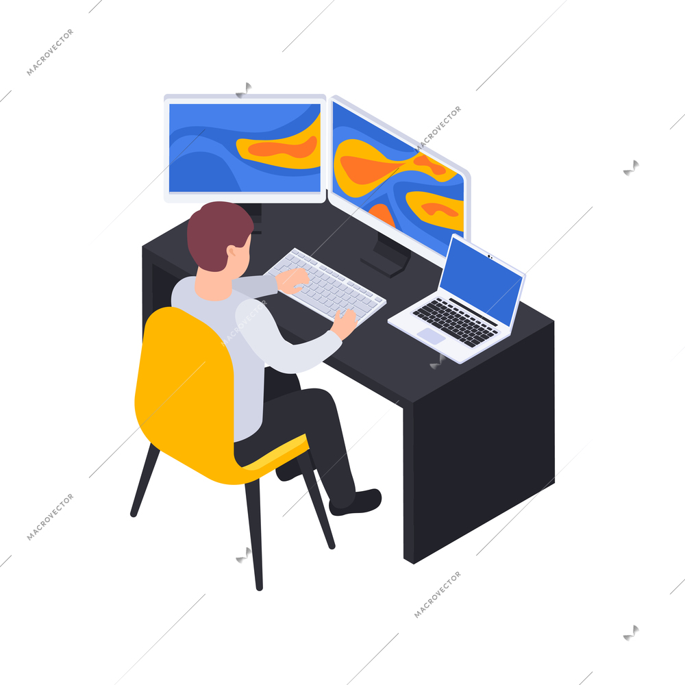 Meteorology weather forecast isometric composition with man sitting at table with computer screens vector illustration