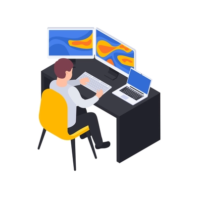 Meteorology weather forecast isometric composition with man sitting at table with computer screens vector illustration