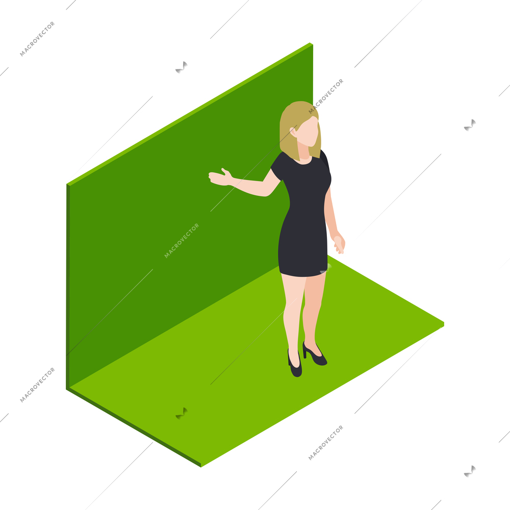 Meteorology weather forecast isometric composition with view of studio with chroma key and female host vector illustration